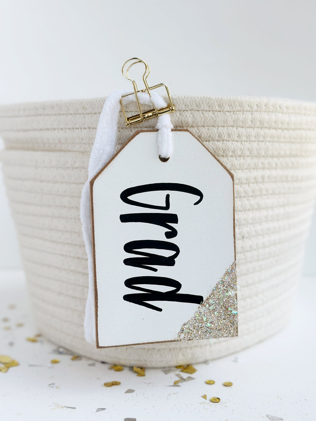 Grad tag, glitter dipped ✨